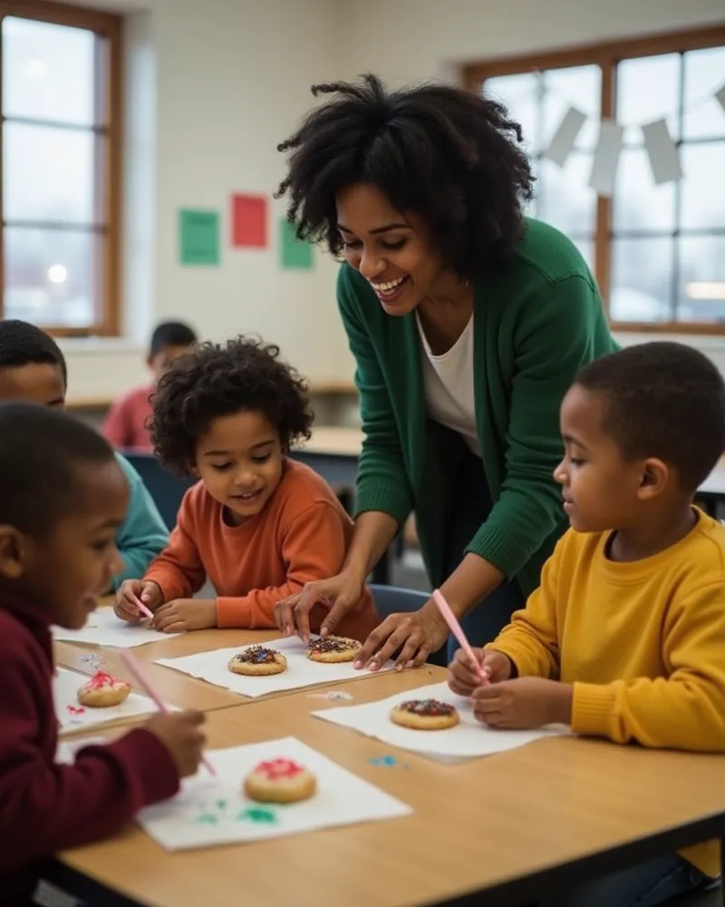 A laughing teacher in a green cardigan leans over a classroom table where young students decorate sugar cookies with sprinkles and icing, paper snowflakes in the windows.