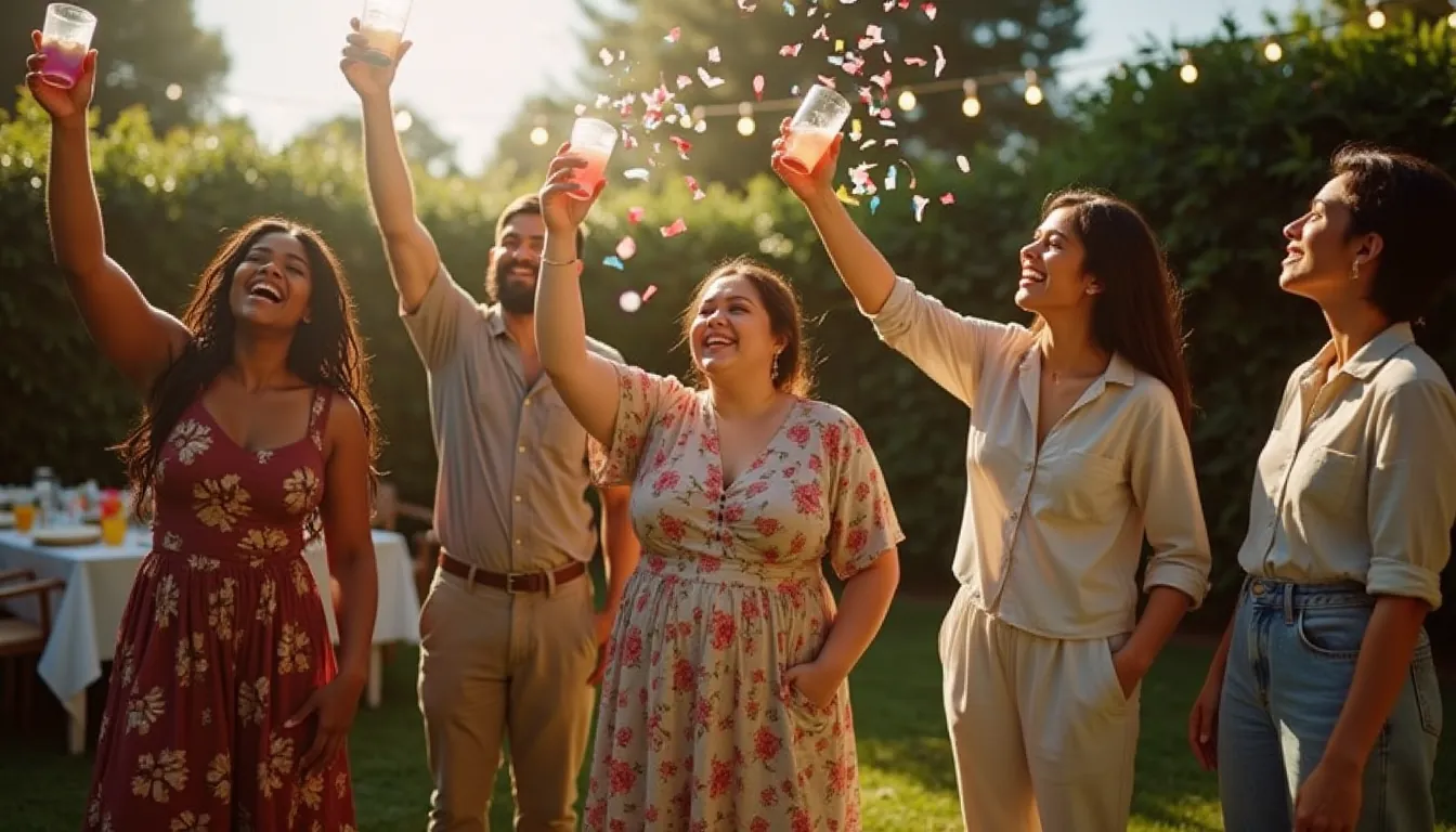 Five friends laugh on a sunlit backyard lawn, lifting their drinks high as colorful confetti tumbles through the golden evening light, string lights and a flower-covered table behind them.