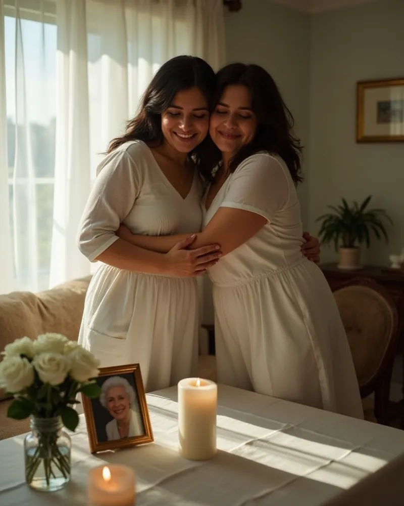 Two sisters share a gentle embrace with eyes closed and soft smiles in a sunlit living room, beside a table with a framed photo of a smiling grandmother, white roses and lit candles.