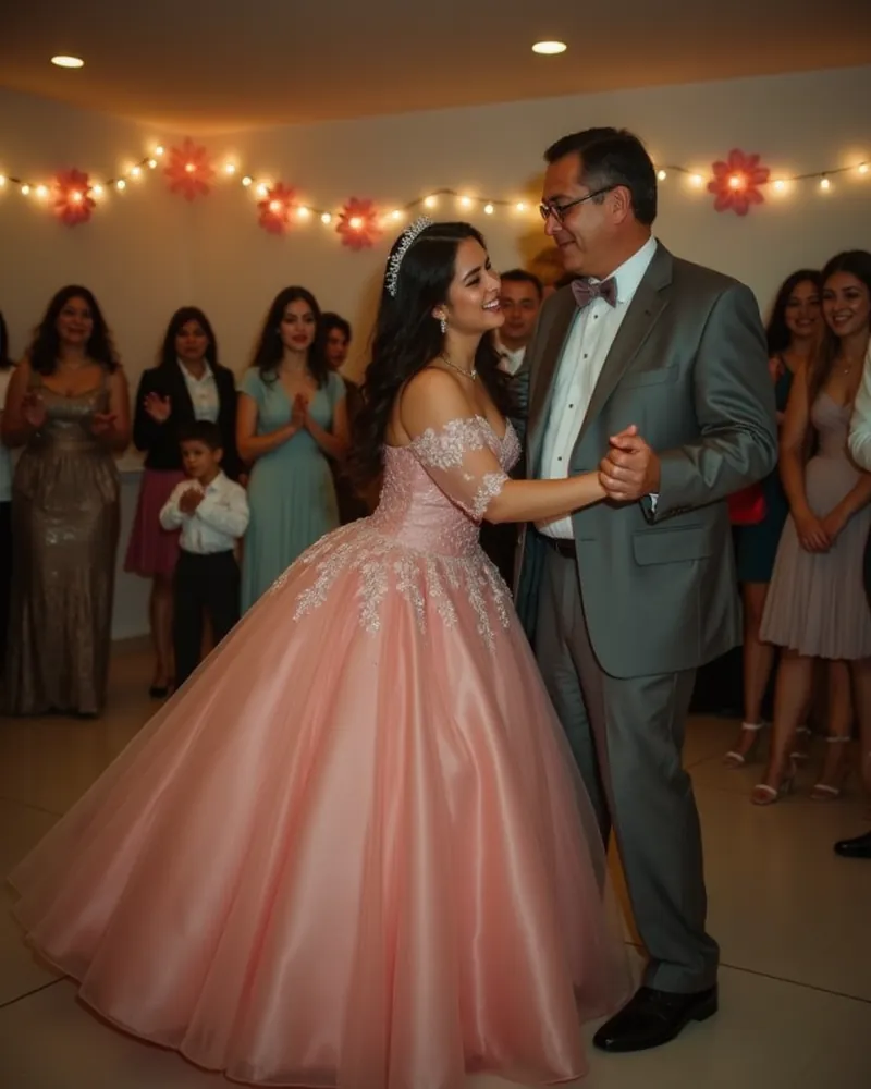 A young woman in a rose-pink ball gown with lace sleeves and a tiara dances with her gray-haired father in a gray suit, family members smiling and clapping around them under string lights.