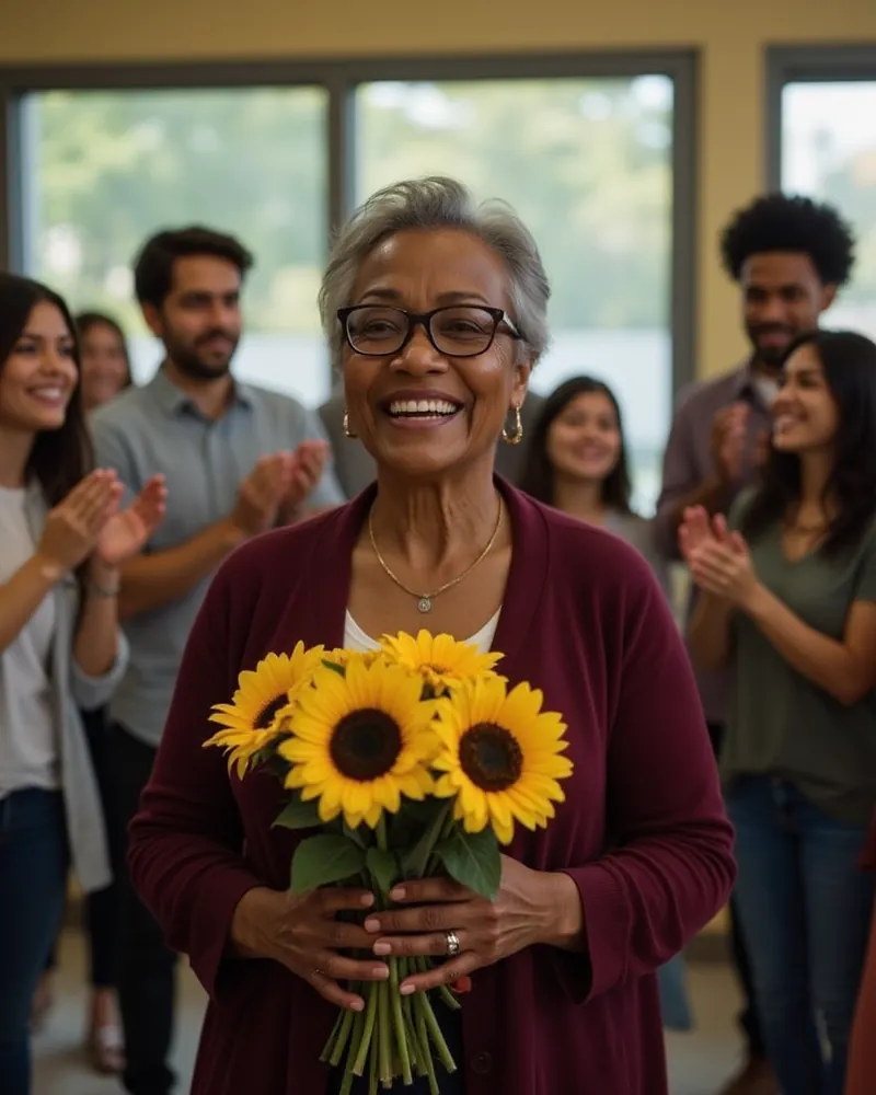 A retiring teacher in her sixties with short gray hair and glasses beams while holding a bouquet of sunflowers as colleagues around her applaud.