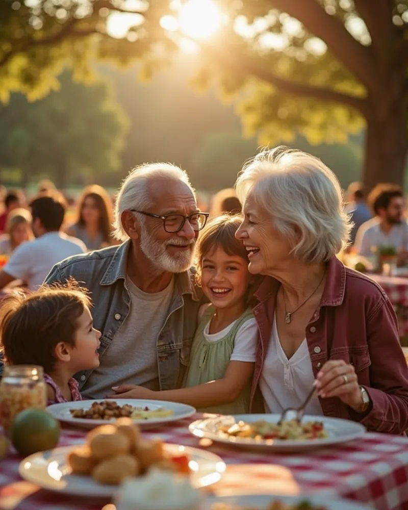 White-haired grandparents laugh at a checkered picnic table as their grandchildren hug them, extended family gathered at tables beneath sunlit oak trees.